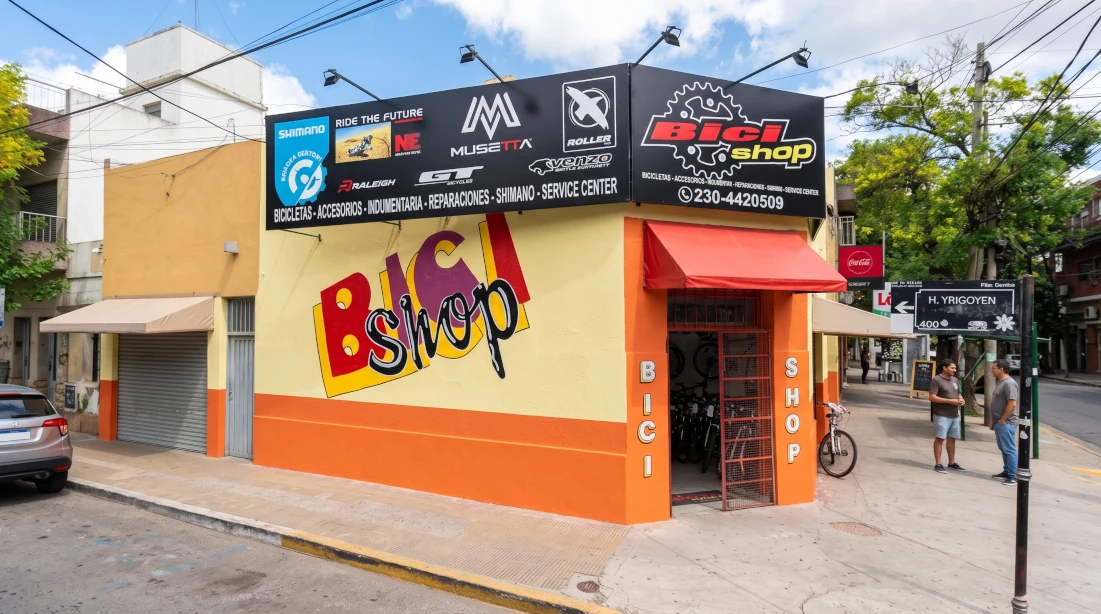 Frente Local Bicishop en esquina de Pilar